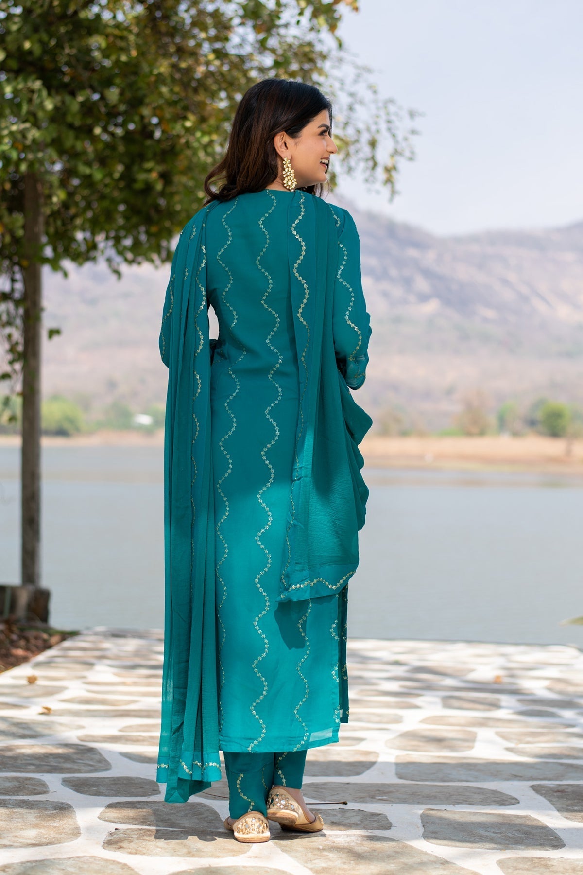 Women's Teal Green Sequin Kurta Set