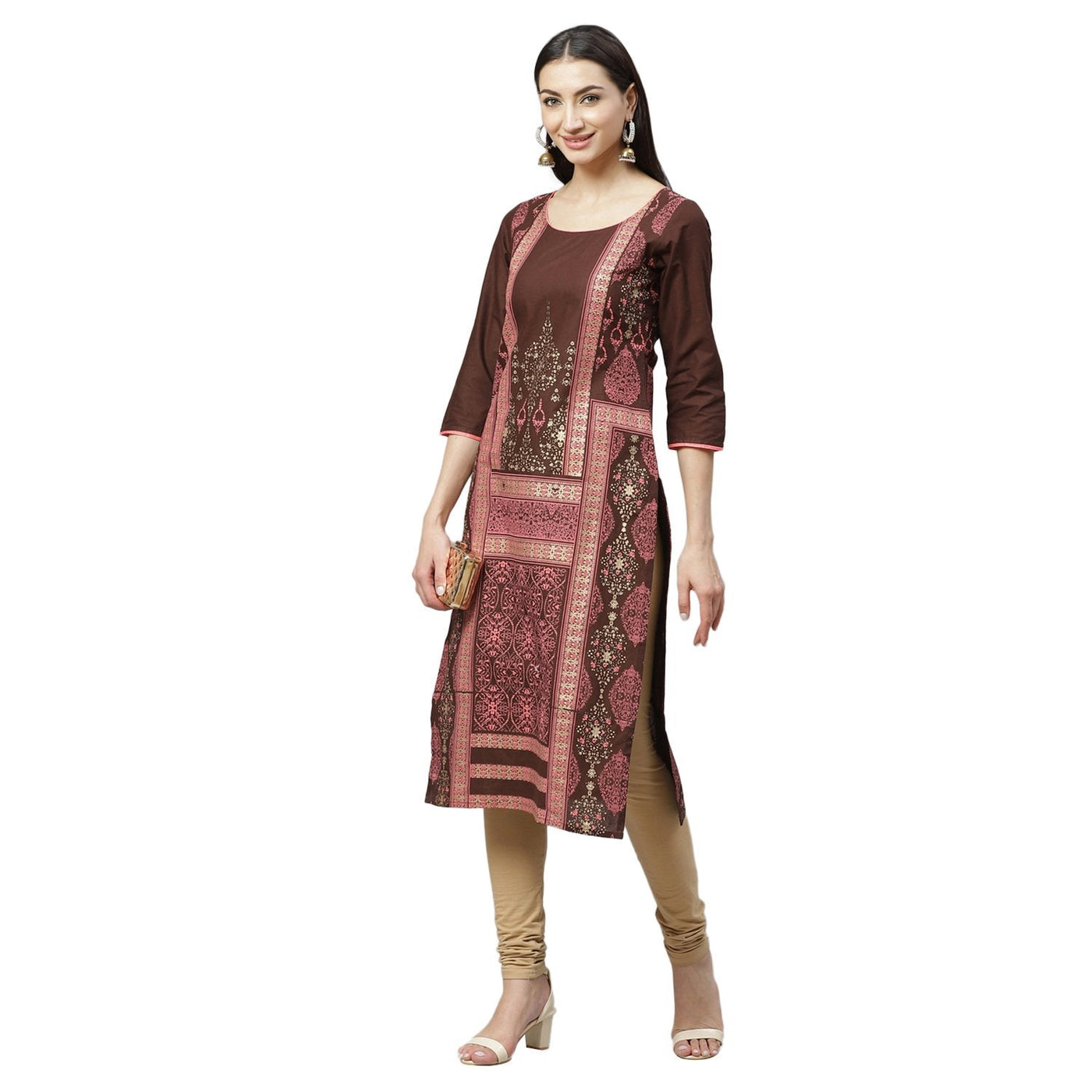 Women's Maroon Cotton Printed 3/4 Sleeve Round Neck Casual Kurta Only