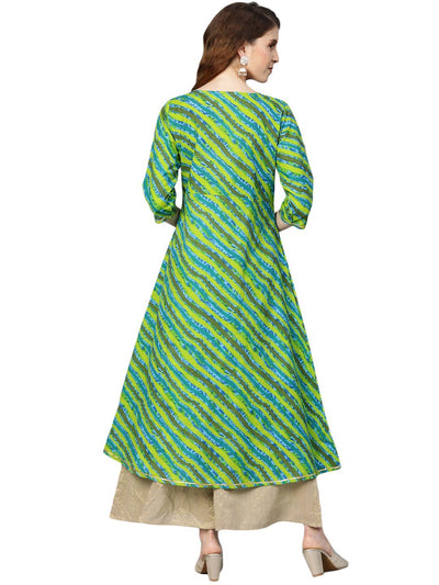 Women's Green Printed 3/4 Sleeve Cotton Round Neck Casual Kurta Only