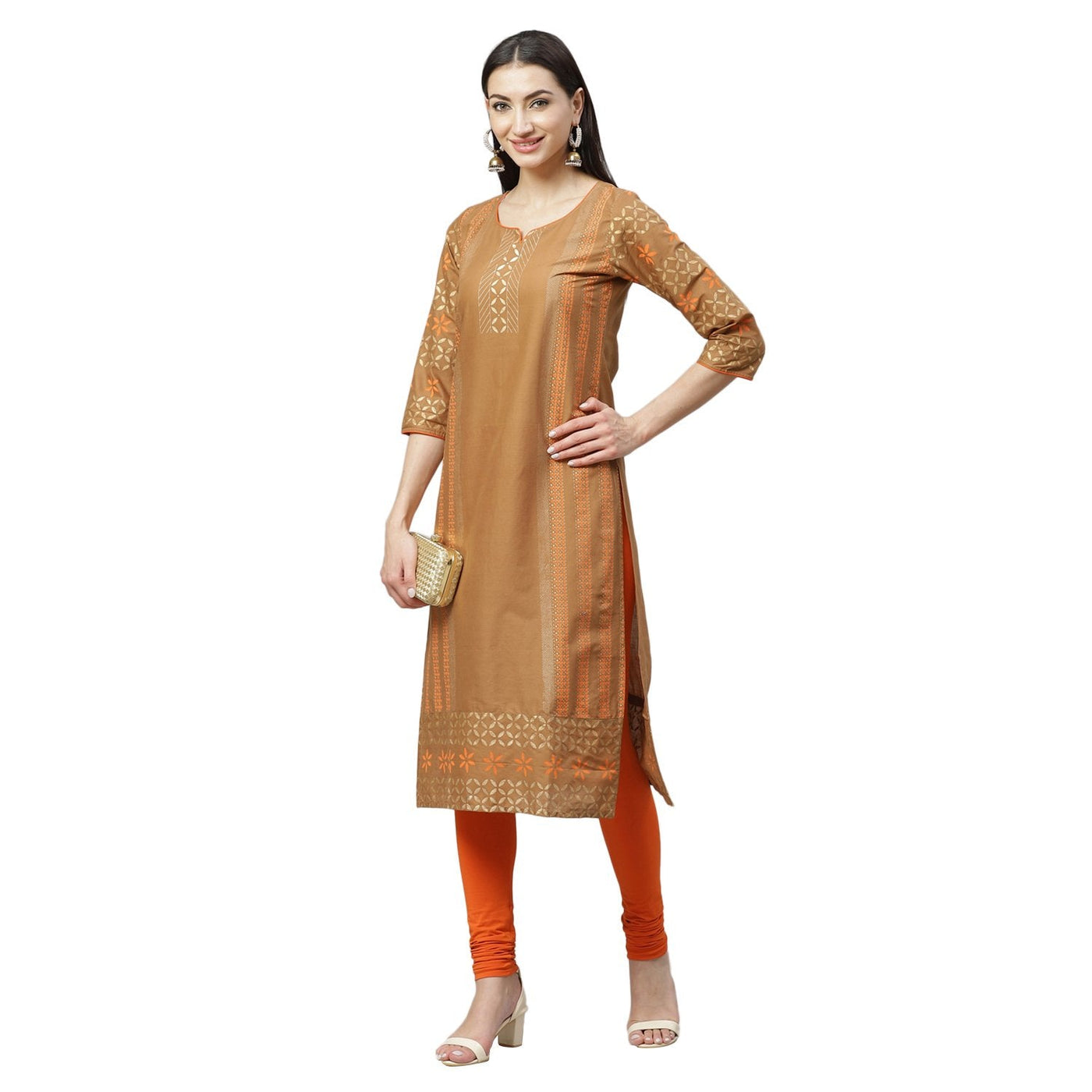 Women's Beige Cotton Printed 3/4 Sleeve Round Neck Casual Kurta Only