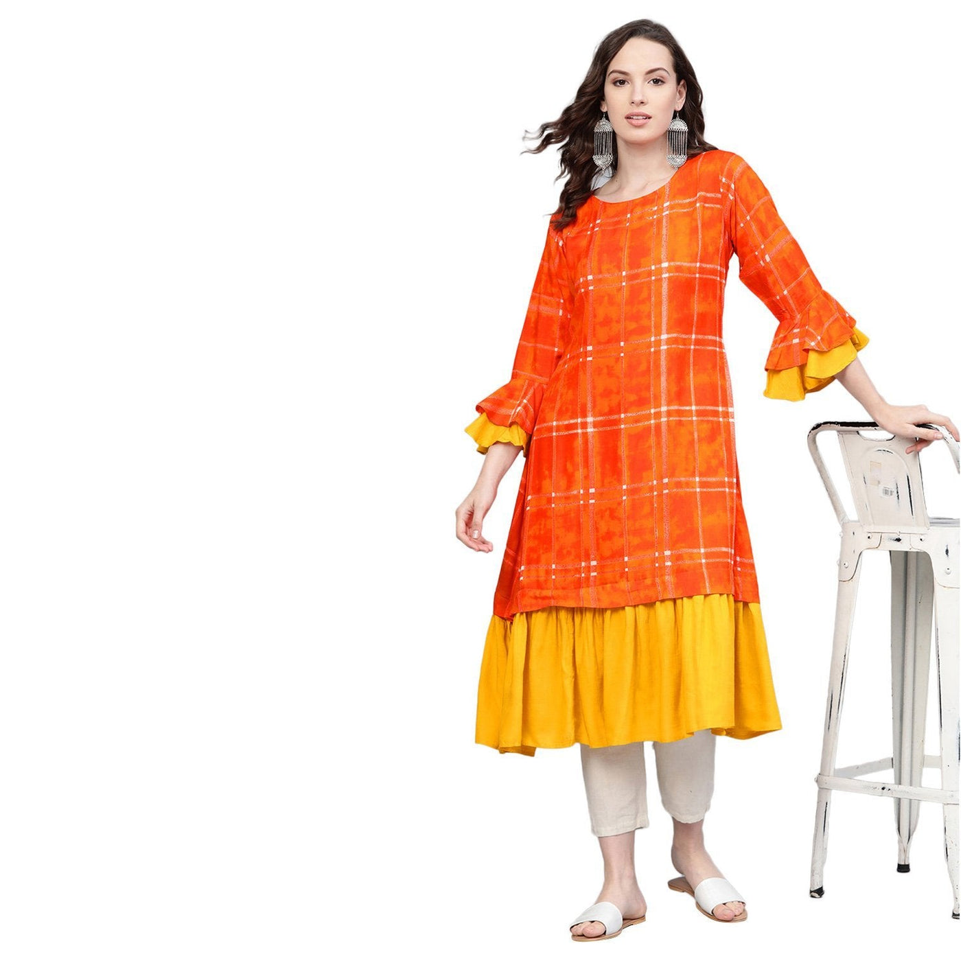 Women's White Cotton Printed Half Sleeve V Neck Casual Kurta Only