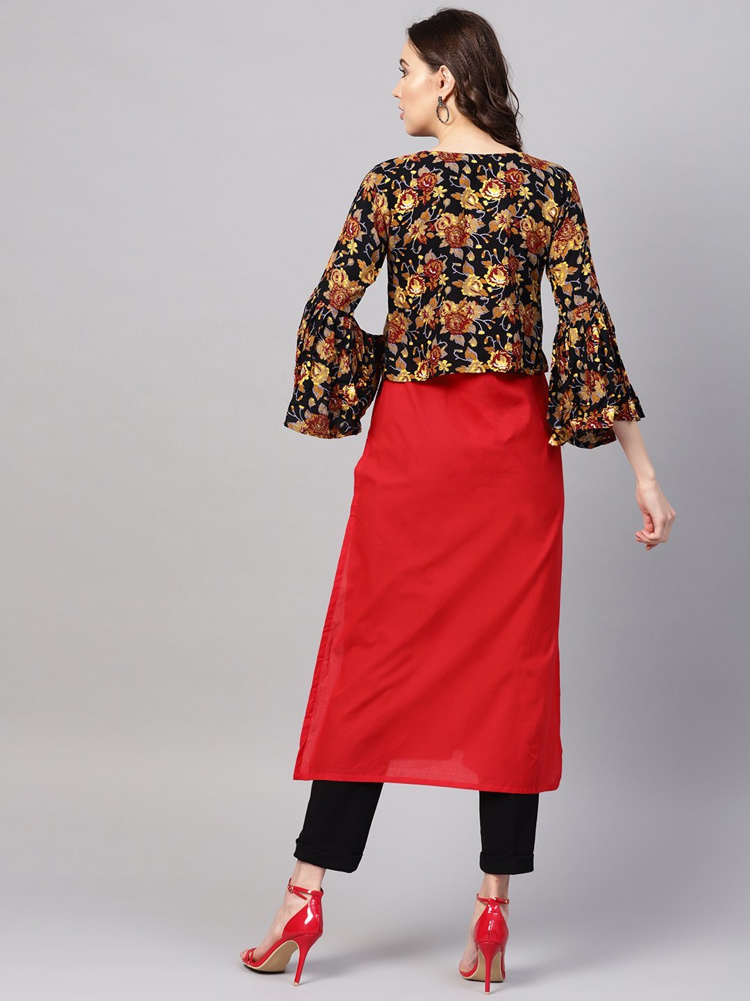 Women's Red Rayon Printed 3/4 Sleeve Round Neck Casual Kurta Only