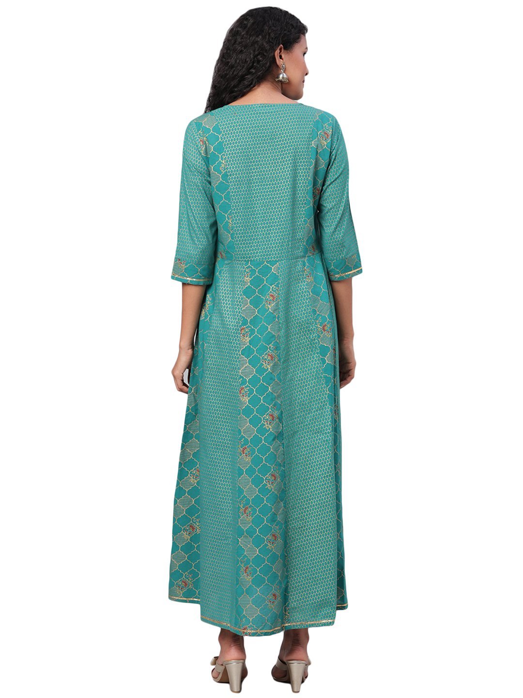 Women's Green Printed 3/4 Sleeve Cotton Round Neck Casual Anarkali Kurta Only