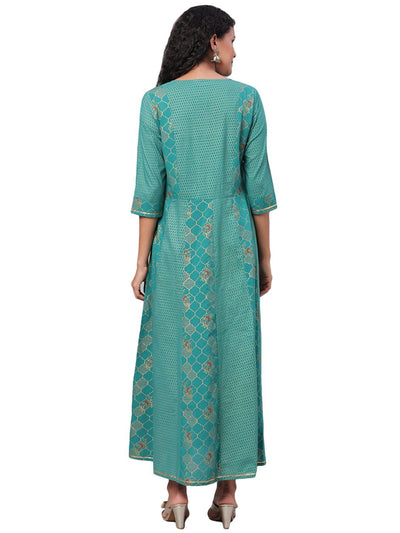 Women's Green Printed 3/4 Sleeve Cotton Round Neck Casual Anarkali Kurta Only