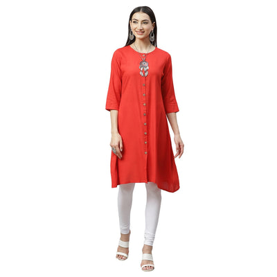 Women's Maroon Rayon Printed 3/4 Sleeve Round Neck Casual Kurta Only