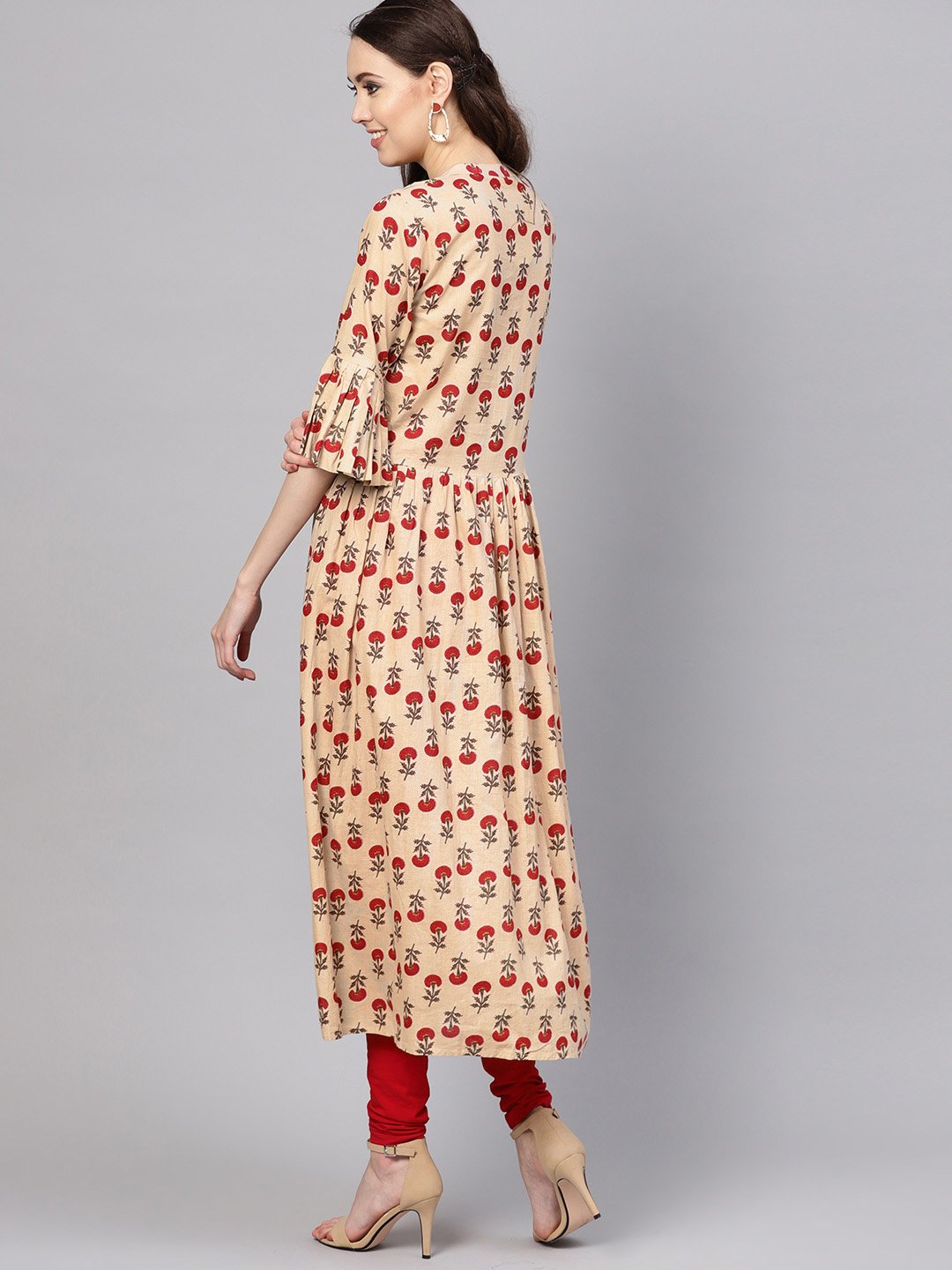 Women's Pink Cotton Printed Bell Sleeves Round Neck Casual Kurta Only