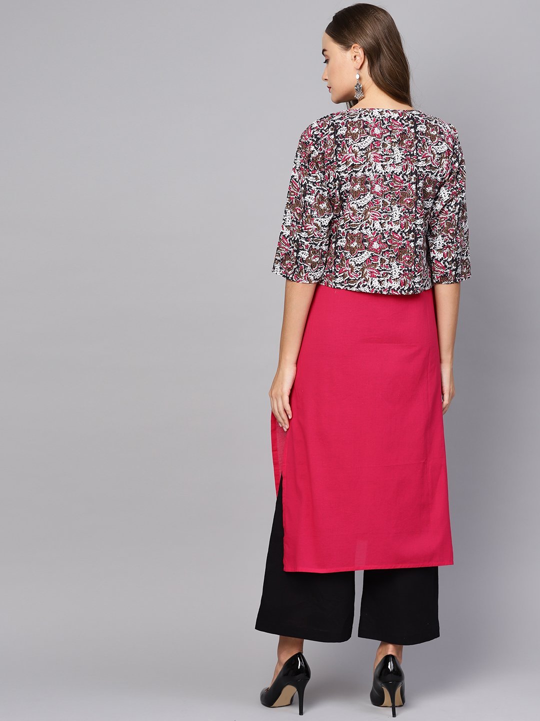 Women's Red Cotton Printed 3/4 Sleeve Round Neck Casual Kurta Only