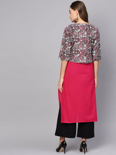 Women's Red Cotton Printed 3/4 Sleeve Round Neck Casual Kurta Only