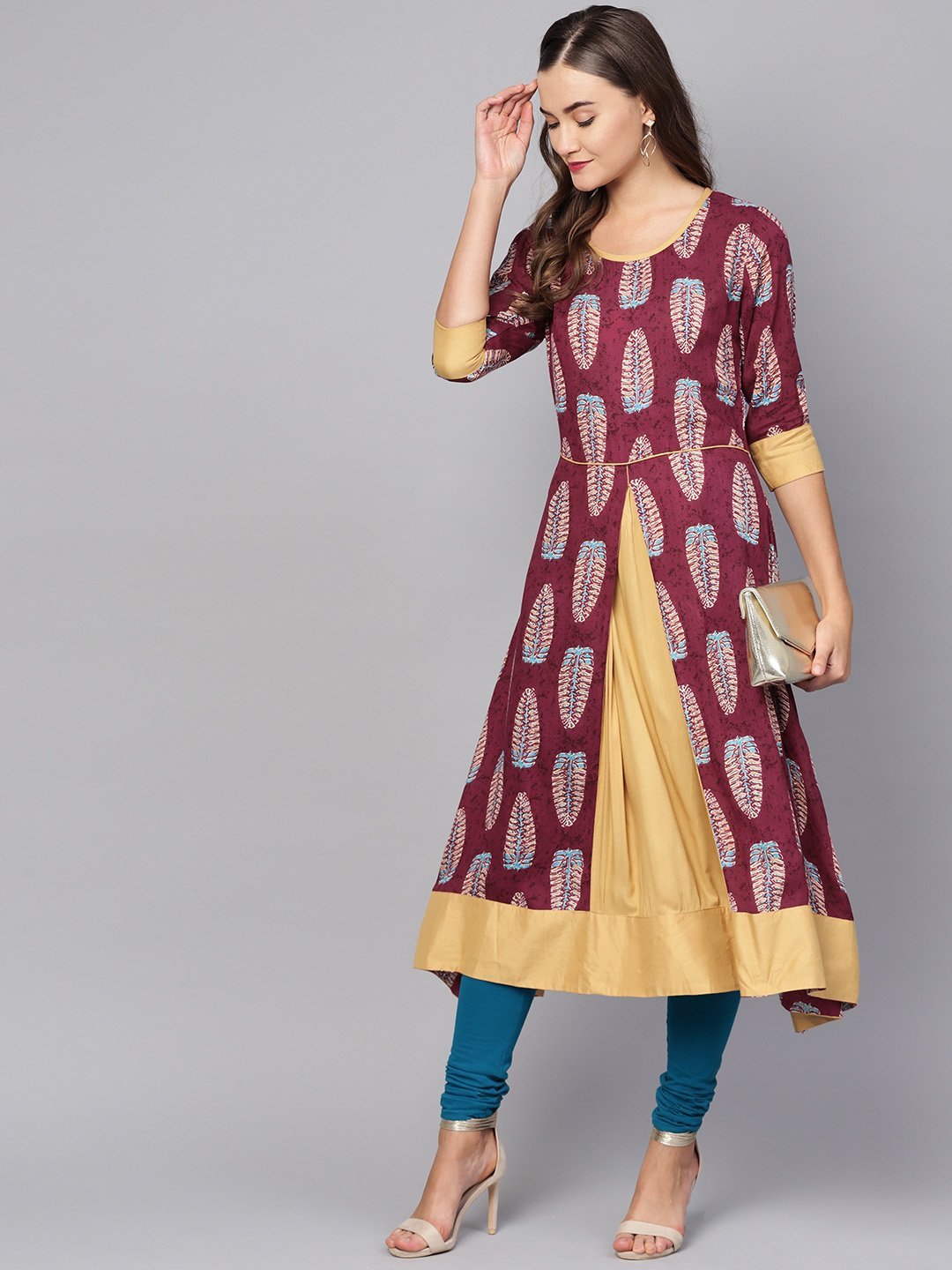 Women's Purple Rayon Printed 3/4 Sleeve Round Neck Casual Kurta Only