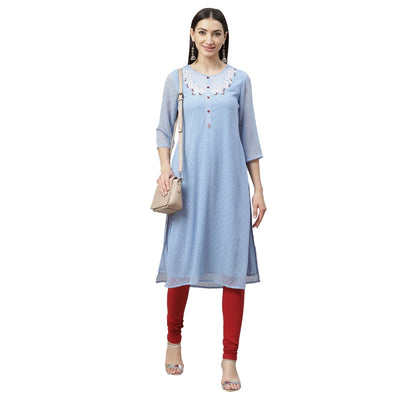 Women's Blue Dobby Chiffon Printed 3/4 Sleeve Round Neck Casual Kurta Only