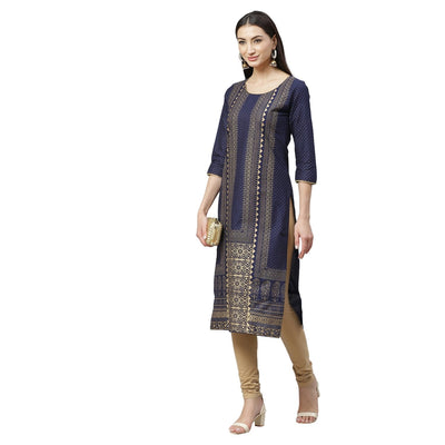 Women's Navy Blue Cotton Printed 3/4 Sleeve Round Neck Casual Kurta Only