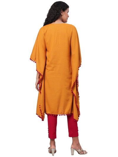 Women's Yellow Printed Sleeveless Round Neck Cotton Slub Casual Kaftaan Top