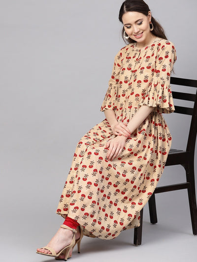 Women's Pink Cotton Printed Bell Sleeves Round Neck Casual Kurta Only