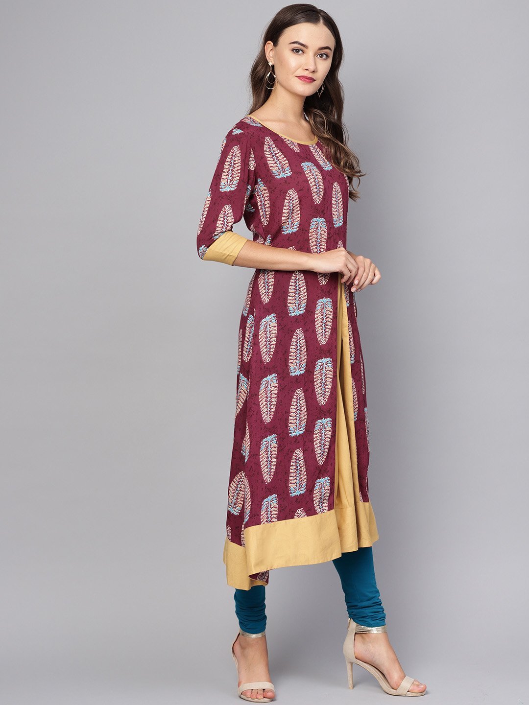 Women's Purple Rayon Printed 3/4 Sleeve Round Neck Casual Kurta Only
