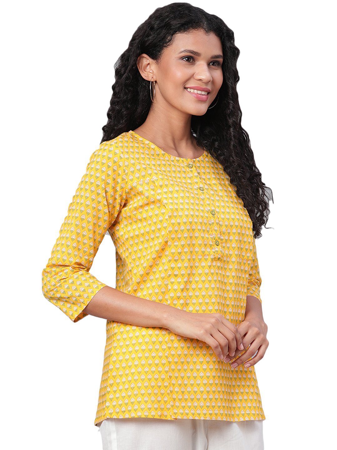 Women Yellow Cotton Printed Short Kurti by Myshka