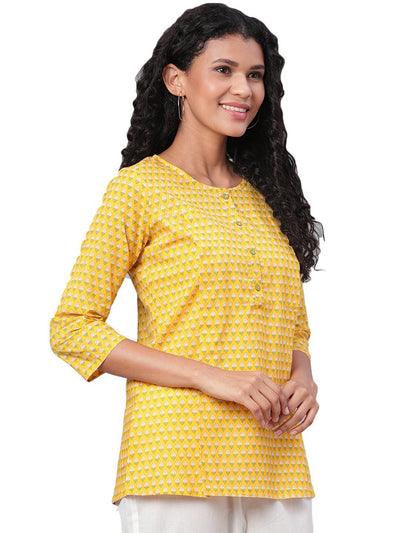Women Yellow Cotton Printed Short Kurti by Myshka