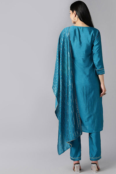 Women's Teal Layered Kurta With Pants With Dupatta