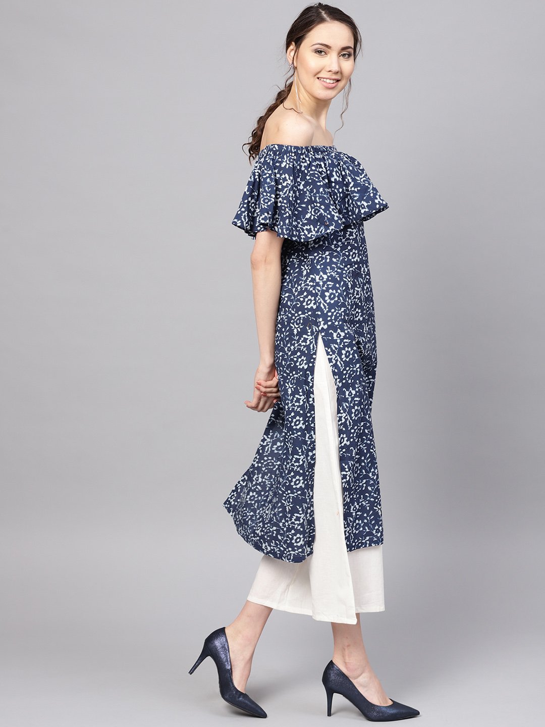 Women's Blue Cotton Printed Cold Shoulder Sleeves Off Shoulder Neck Casual Kurta Only