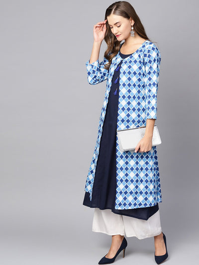 Women's Blue Cotton Printed Full Sleeve Round Neck Casual Kurta Only