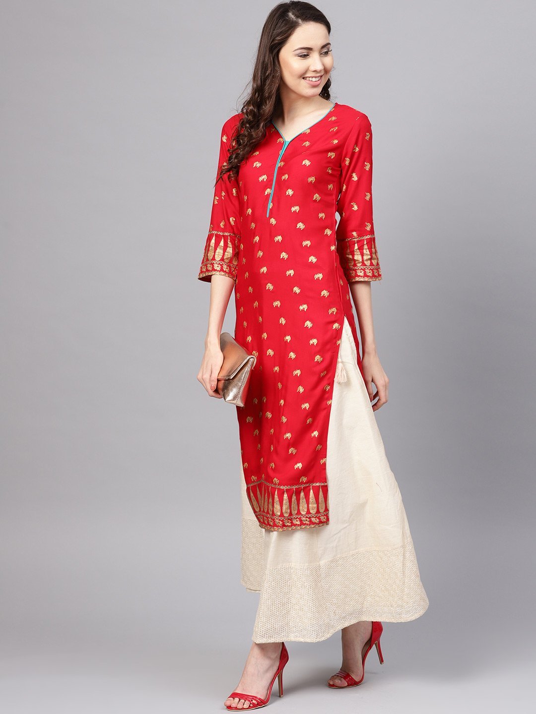 Women's Blue Rayon Printed Short Sleeve Round Neck Casual Kurta Only