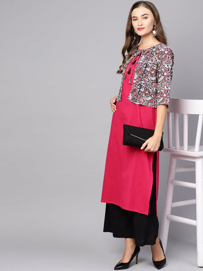 Women's Red Cotton Printed 3/4 Sleeve Round Neck Casual Kurta Only