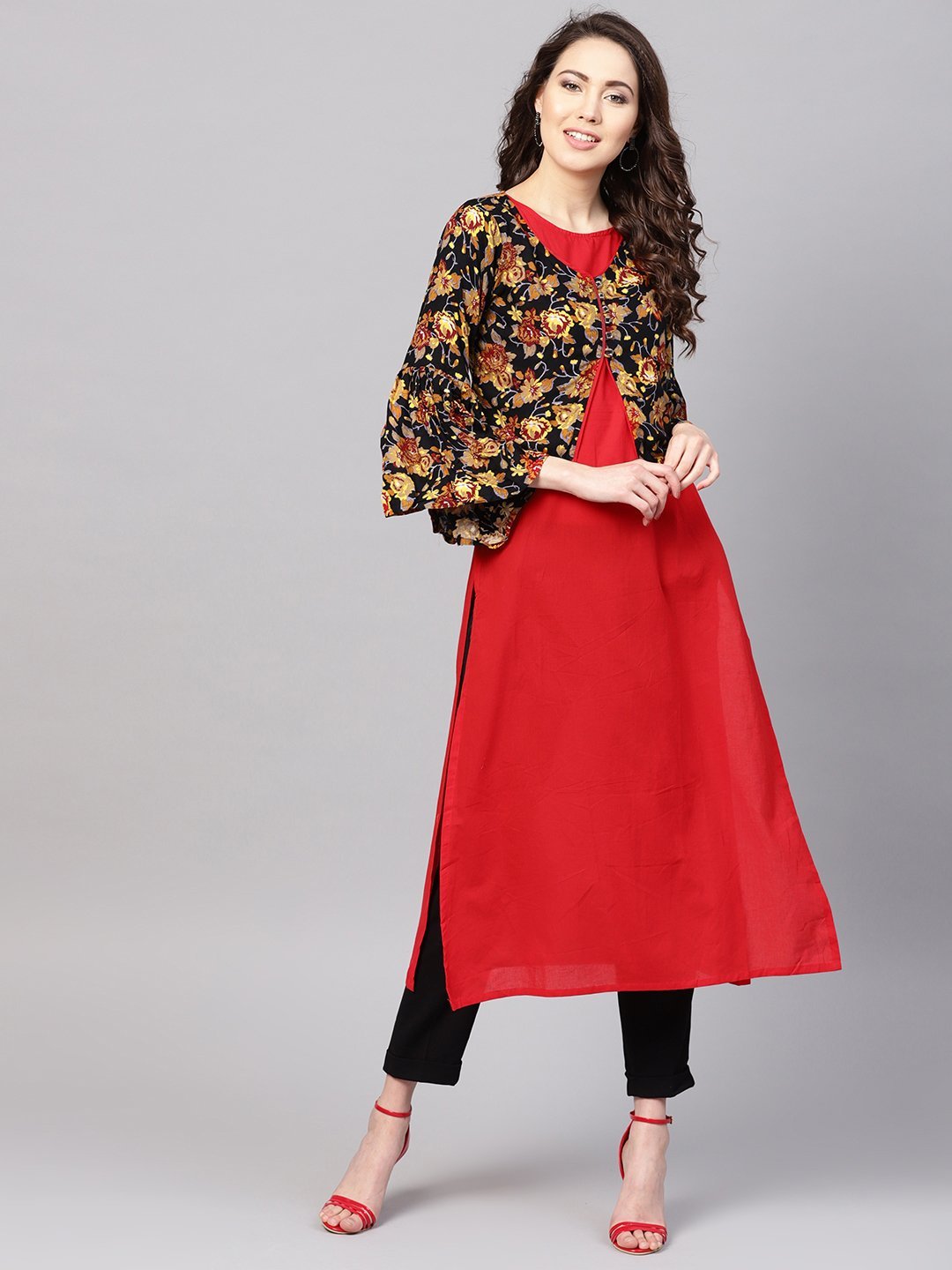 Women's Red Rayon Printed 3/4 Sleeve Round Neck Casual Kurta Only