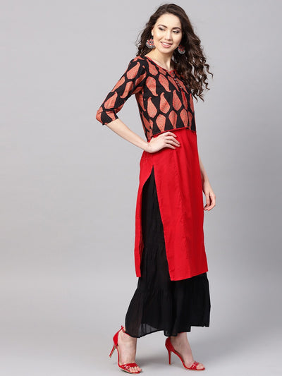 Women's Red Cotton Printed Half Sleeve Round Neck Casual Kurta Only