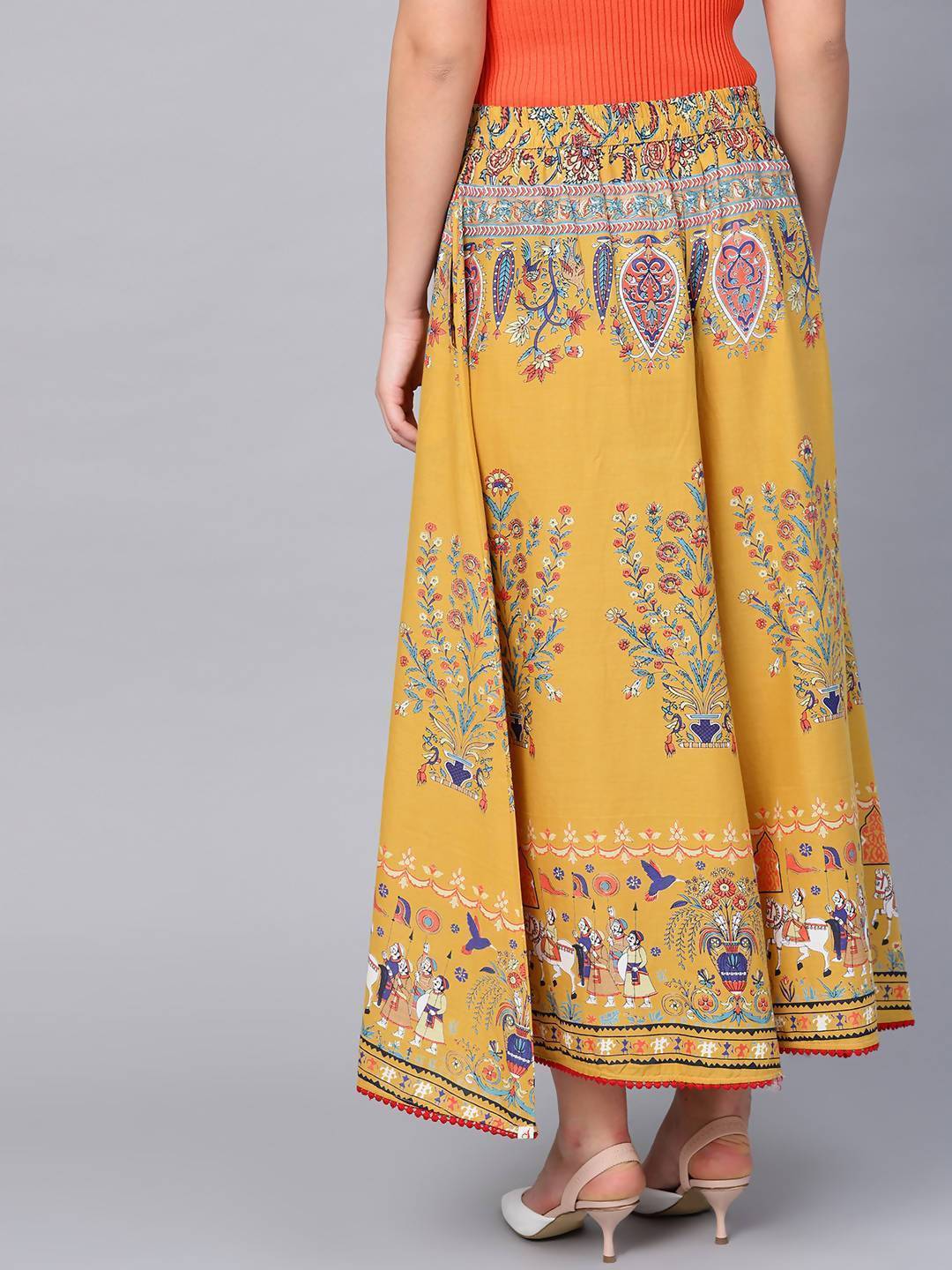 Women's Mustard Cotton Printed Flared Palazzo