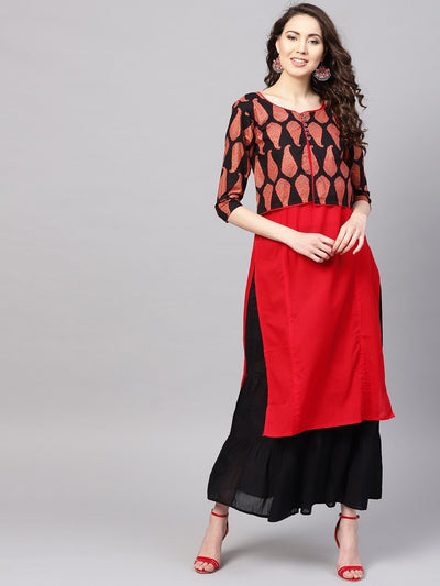 Women's Red Cotton Printed Half Sleeve Round Neck Casual Kurta Only