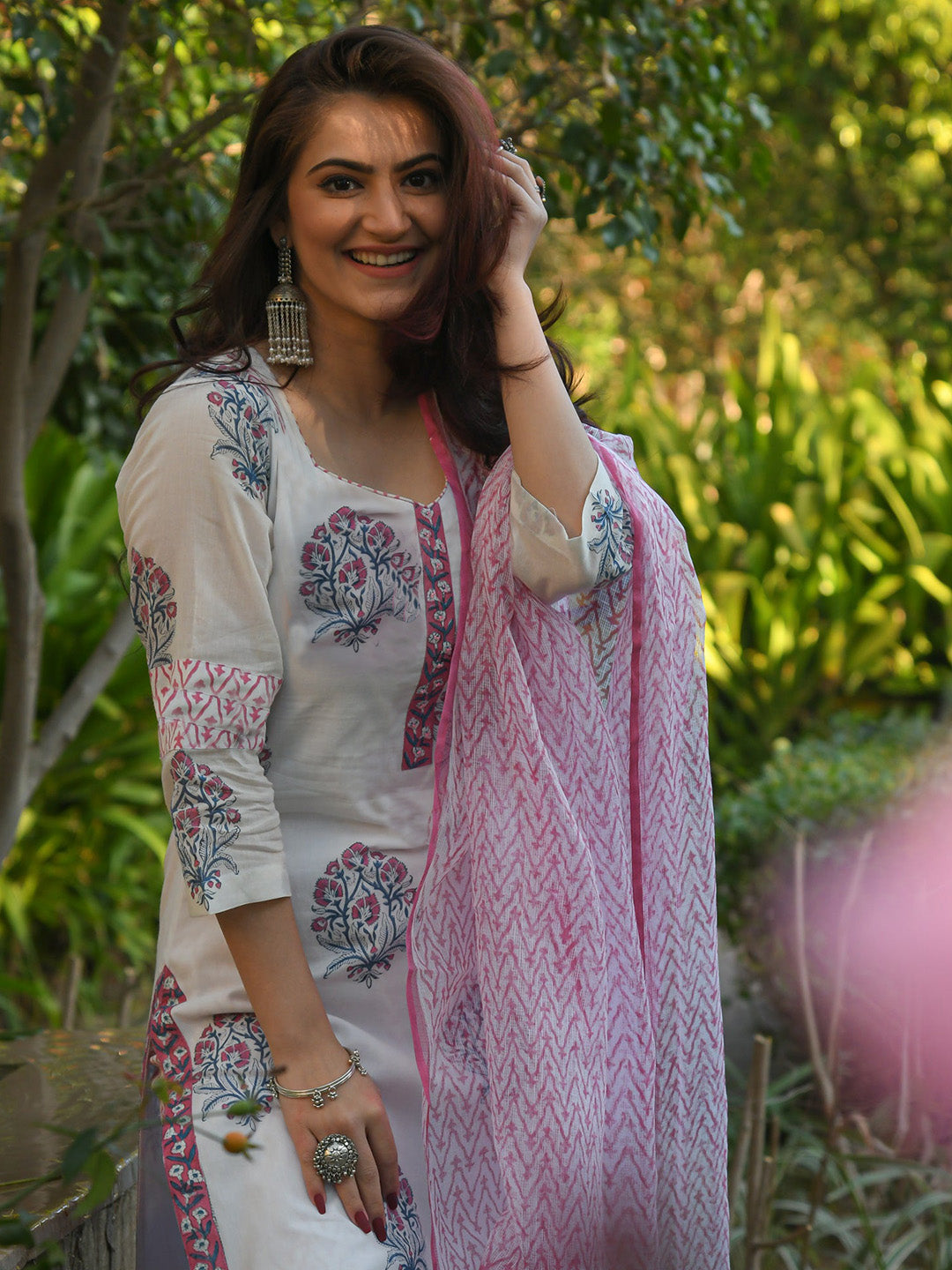 Women's White Printed Pure Cotton Kurta And Pant Set