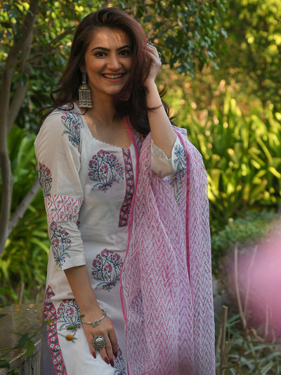 Women's White Printed Pure Cotton Kurta And Pant Set