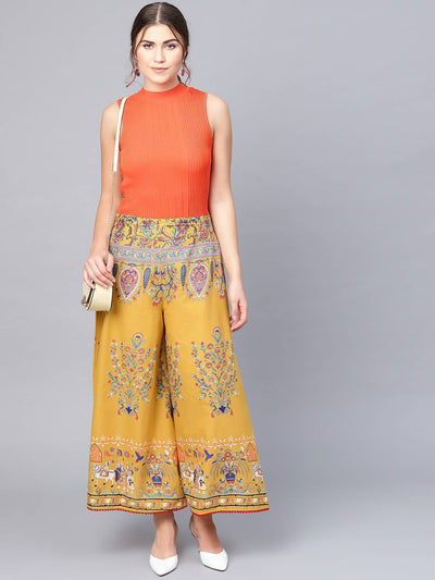 Women's Mustard Cotton Printed Flared Palazzo