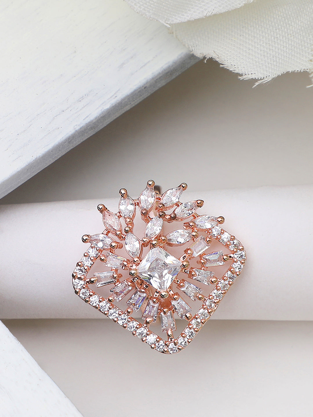 Women's Rose Gold Plated Trendy American Diamond Square Shaped Ring