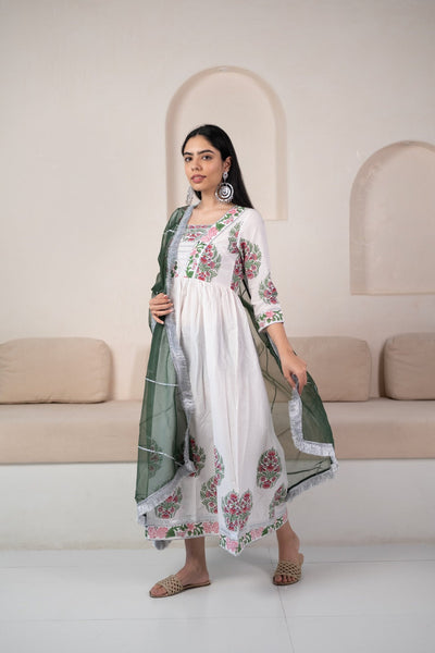 Women’s White Anarkali Gown with Dupatta by Myshka-