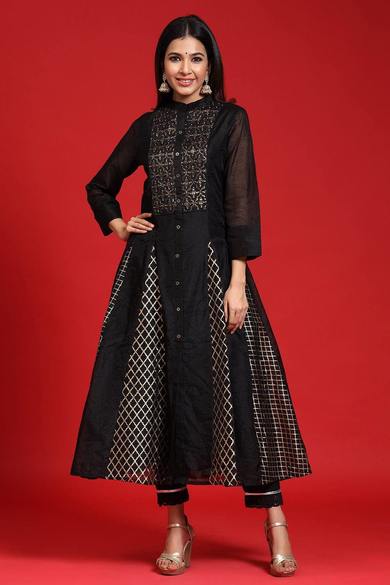 Black Chanderi Embellished Layered Anarkali Kurta