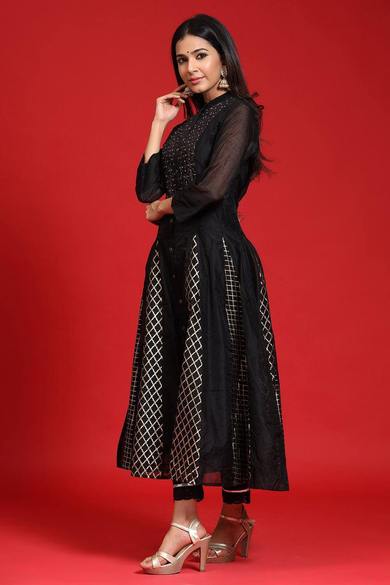 Black Chanderi Embellished Layered Anarkali Kurta