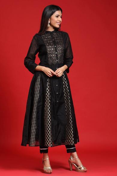 Black Chanderi Embellished Layered Anarkali Kurta