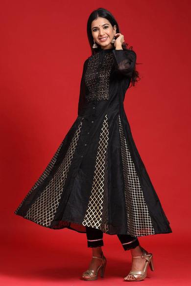 Black Chanderi Embellished Layered Anarkali Kurta