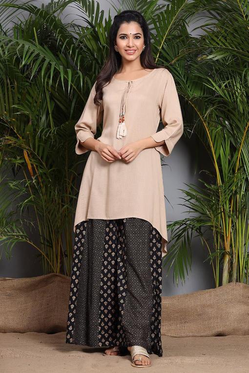 Beige Rayon Slub Solid Asymmetric Kurta
