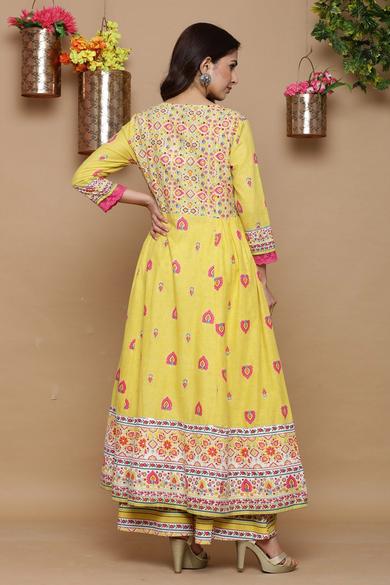 Mustard Cambric Printed Anarkali Kurta With Dupatta