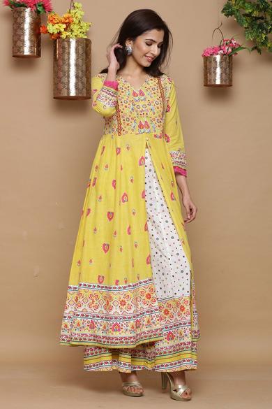 Mustard Cambric Printed Anarkali Kurta With Dupatta