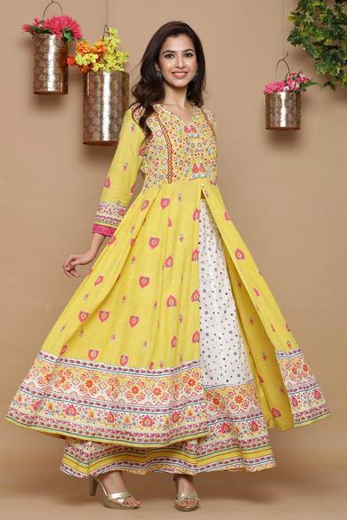 Mustard Cambric Printed Anarkali Kurta With Dupatta