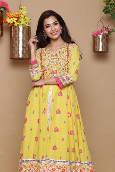 Mustard Cambric Printed Anarkali Kurta With Dupatta