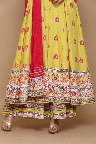 Mustard Cambric Printed Anarkali Kurta With Dupatta