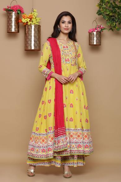 Mustard Cambric Printed Anarkali Kurta With Dupatta