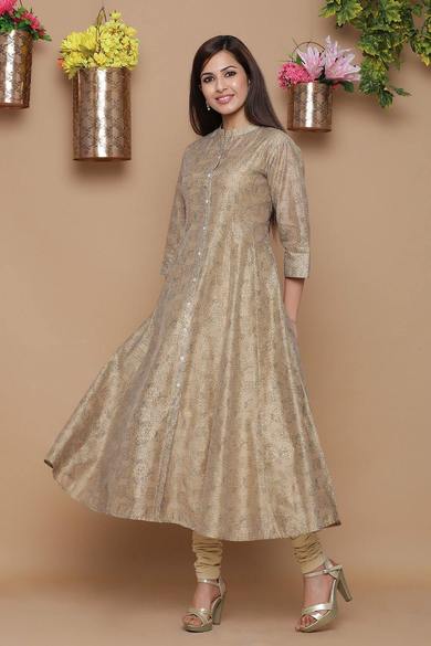 Beige Chanderi Silk Printed Anarkali Kurta