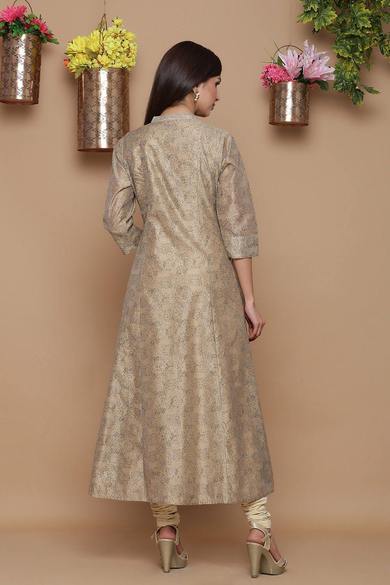 Beige Chanderi Silk Printed Anarkali Kurta