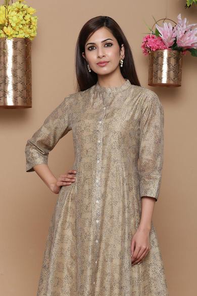 Beige Chanderi Silk Printed Anarkali Kurta