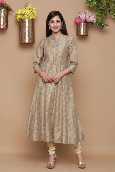Beige Chanderi Silk Printed Anarkali Kurta