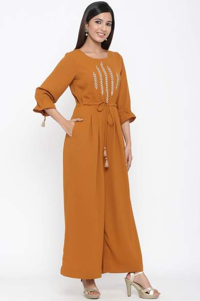 Brown Polymoss Embroidered Ethnic Jumpsuit